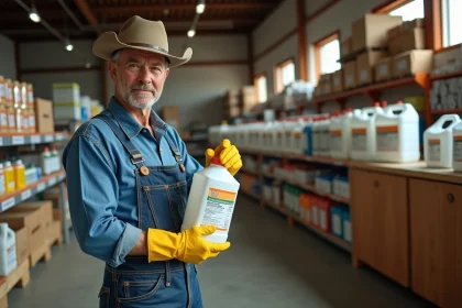 Agriculteur examinant une bouteille d'herbicide d'un litre dans un magasin d'approvisionnement agricole en Espagne