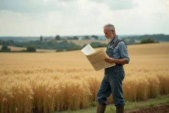 Agriculteur tenant une carte cadastrale au bord d'un champ agricole pour mesurer la superficie en hectares et en ares
