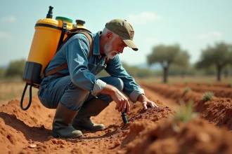 Agriculteur portugais inspectant un pulvérisateur herbicide à base de glyphosate dans un champ agricole au Portugal