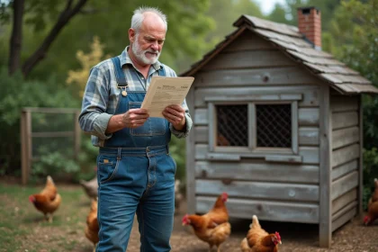 Agriculteur examinant un document fiscal devant son poulailler en bois dans un jardin rural