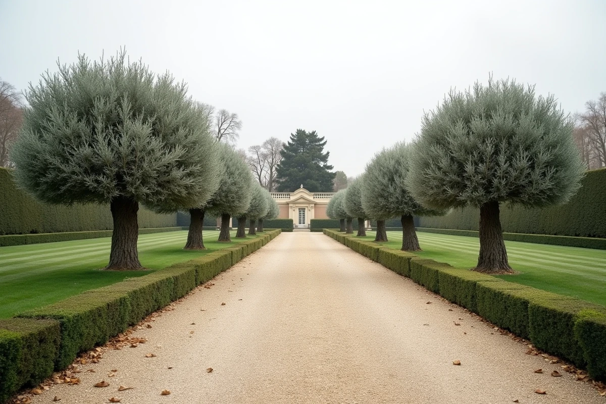Allée de jardin à la française avec rangée d'oliviers taillés en nuage sur chemin de gravier