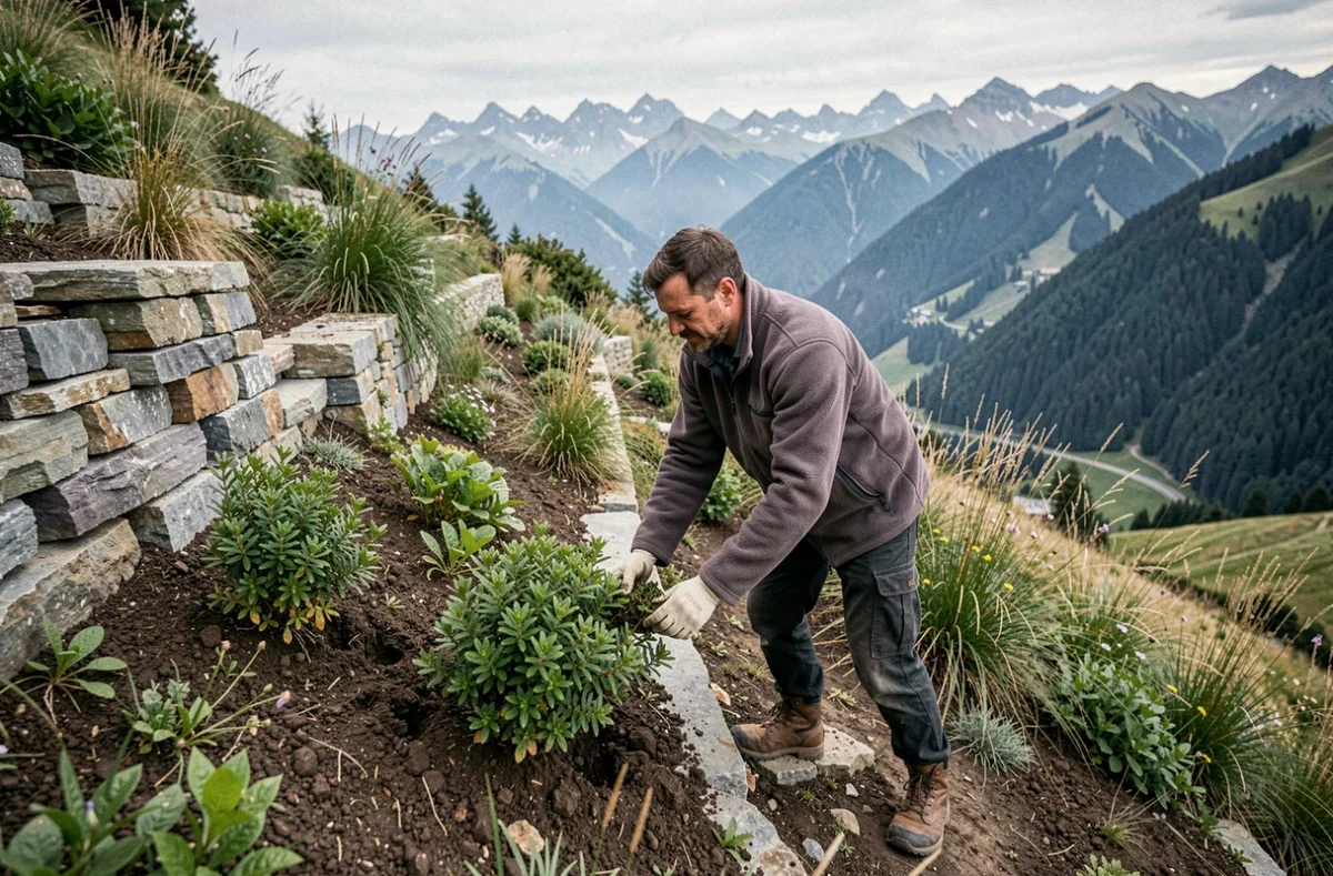 Paysagiste d'Alpes Jardins Paysages SA transplantant des arbustes sur un jardin en terrasse avec les contreforts alpins en arrière-plan
