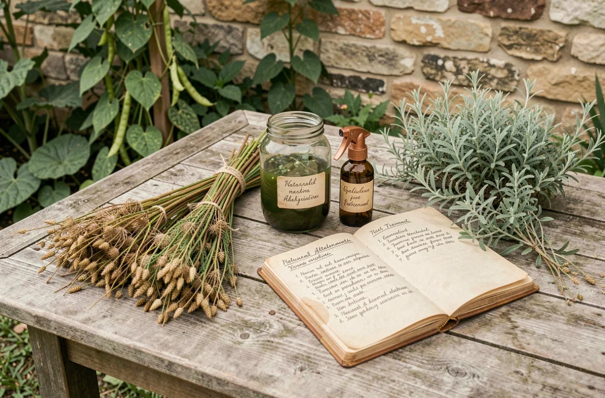 Table de jardin avec des produits naturels alternatifs à la bouillie bordelaise comme la prêle, le purin d'ortie et un carnet de recettes maison