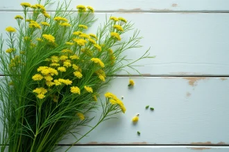Gros plan botanique sur des tiges fraîches d'aneth (Anethum graveolens) avec ombelles jaunes et graines, posées sur bois clair