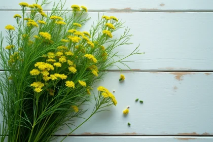 Gros plan botanique sur des tiges fraîches d'aneth (Anethum graveolens) avec ombelles jaunes et graines, posées sur bois clair