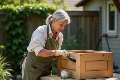 Femme appliquant un produit d'étanchéité sur une jardinière en bois faite maison dans un jardin