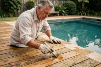 Homme appliquant de l'huile de teck sur une terrasse en bois autour d'une piscine avec un pinceau