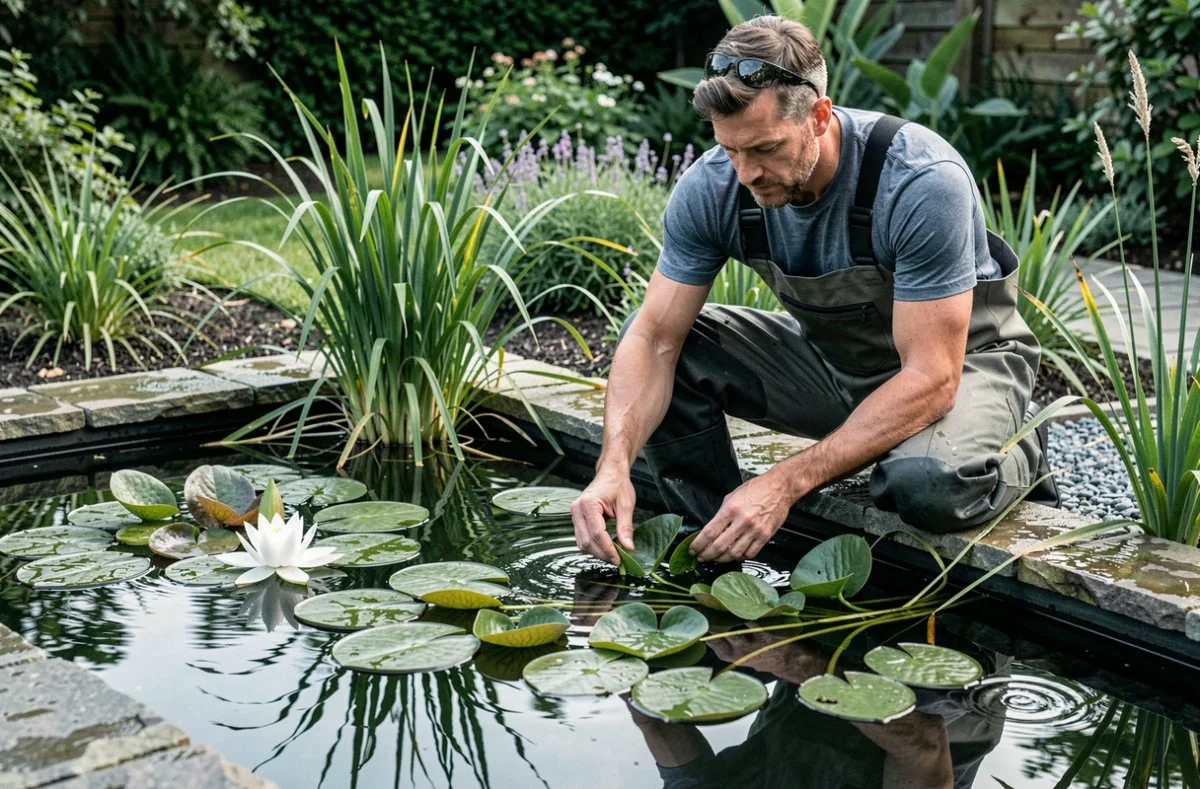 Spécialiste d'Aqua Scène installant des plantes aquatiques autour d'un bassin ornemental en pierre dans un jardin privé
