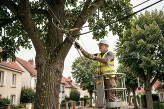 Arboriste professionnel élagant un arbre près de lignes électriques EDF dans une rue résidentielle française