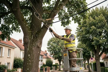 Arboriste professionnel élagant un arbre près de lignes électriques EDF dans une rue résidentielle française