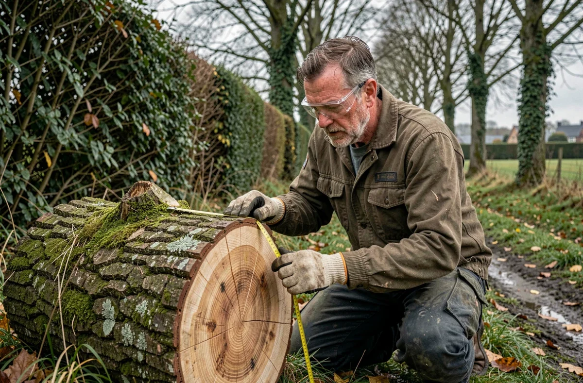 Arboriste certifié inspectant un tronc d'arbre coupé dans le bocage breton en Finistère en automne