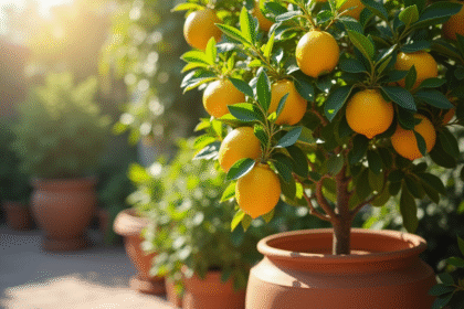 Arbre à citron dans un pot en terre cuite en plein soleil