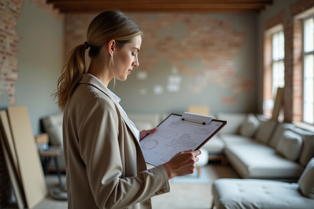 Jeune architecte examinant des plans dans un intérieur en rénovation