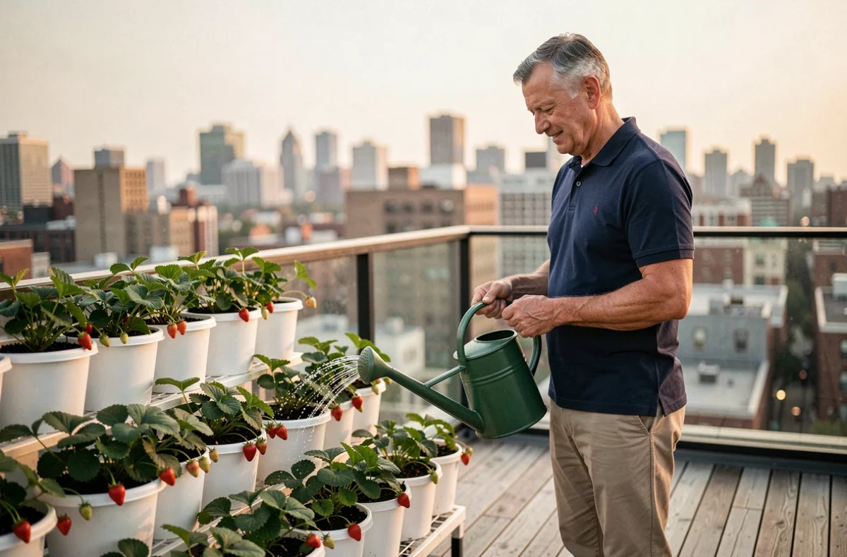 Homme arrosant des fraisiers cultivés en sacs de culture sur un balcon en bois avec vue sur la ville