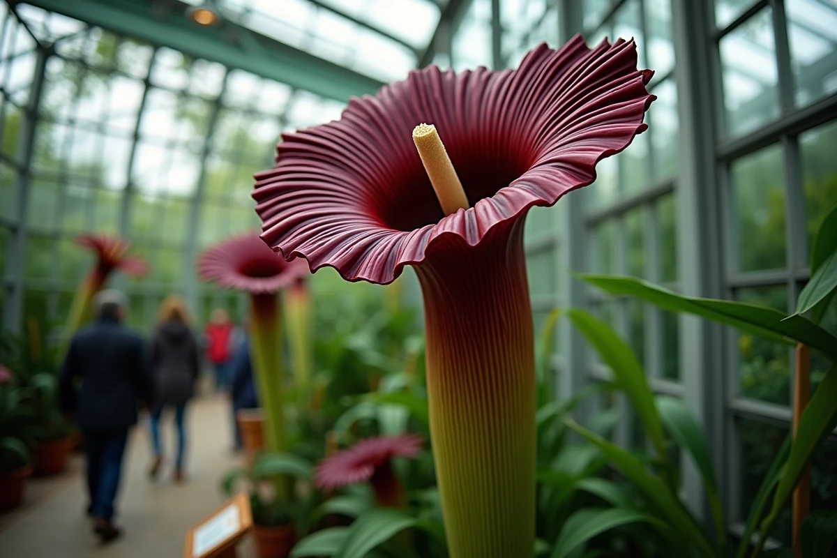 Arum titan Amorphophallus titanum en fleur dans une serre de jardin botanique, inflorescence géante exposée au public