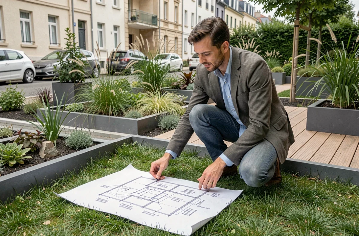 Paysagiste concepteur de l'Atelier Papyrus consultant des plans de jardin dans un espace vert contemporain près de Lyon