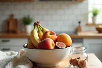 Attrape moucherons en verre posé à côté d'une coupe de fruits mûrs sur un plan de travail en bois dans une cuisine moderne