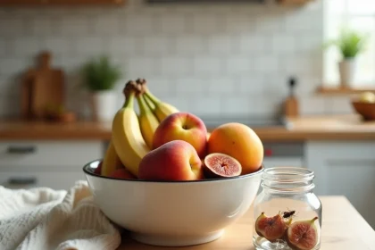 Attrape moucherons en verre posé à côté d'une coupe de fruits mûrs sur un plan de travail en bois dans une cuisine moderne