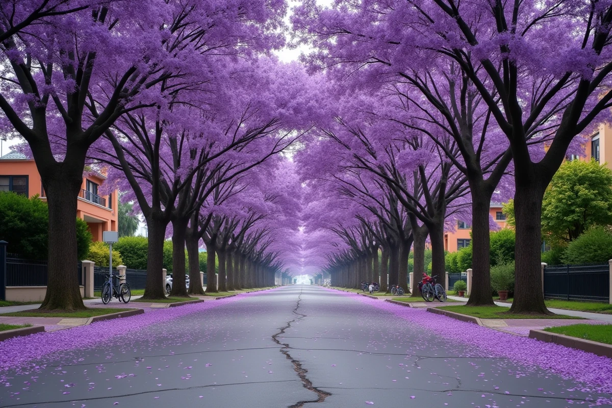 Avenue bordée de jacarandas en fleurs violettes formant un tunnel végétal au-dessus de la route