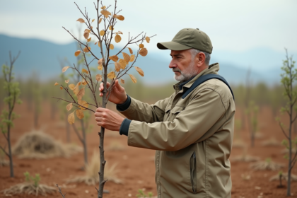 Botaniste examinant des feuilles fanées d'un jeune arbre en terrain sec