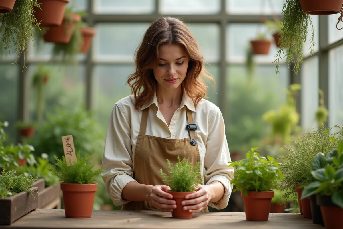 Botaniste féminine comparant deux spécimens d'herbes aromatiques en pot avec étiquettes manuscrites dans une serre botanique