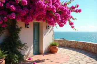 Bougainvillier en cascade sur un mur en pierre blanche face à la mer Méditerranée avec des bracts magenta éclatants