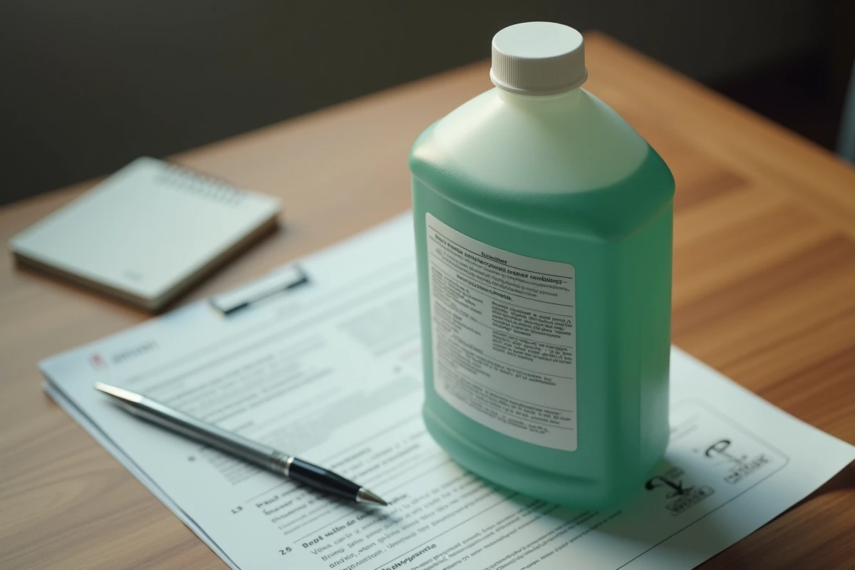 Bouteille d'herbicide d'un litre posée sur un bureau avec des documents réglementaires agricoles pour achat légal en Espagne