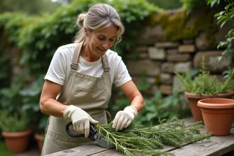 Femme qui bouture une tige de laurier avec un sécateur sur une table de rempotage en bois dans un jardin naturel