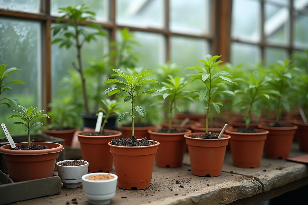 Table de serre avec des boutures de laurier en pots et des produits naturels d'enracinement comme la cannelle et l'eau de saule