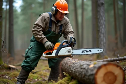 Bûcheron professionnel utilisant une tronçonneuse STIHL MS 211 pour couper un tronc en forêt