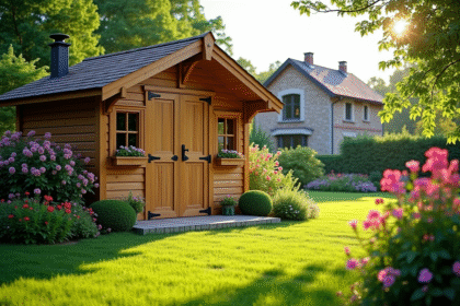 Abri de jardin en bois bien entretenu avec fleurs en fleurs