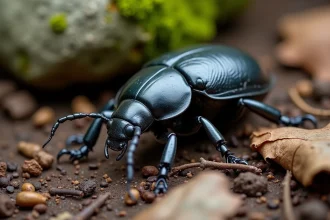 Cafard de jardin noir sur sol humide avec feuilles mortes et écorce de jardin
