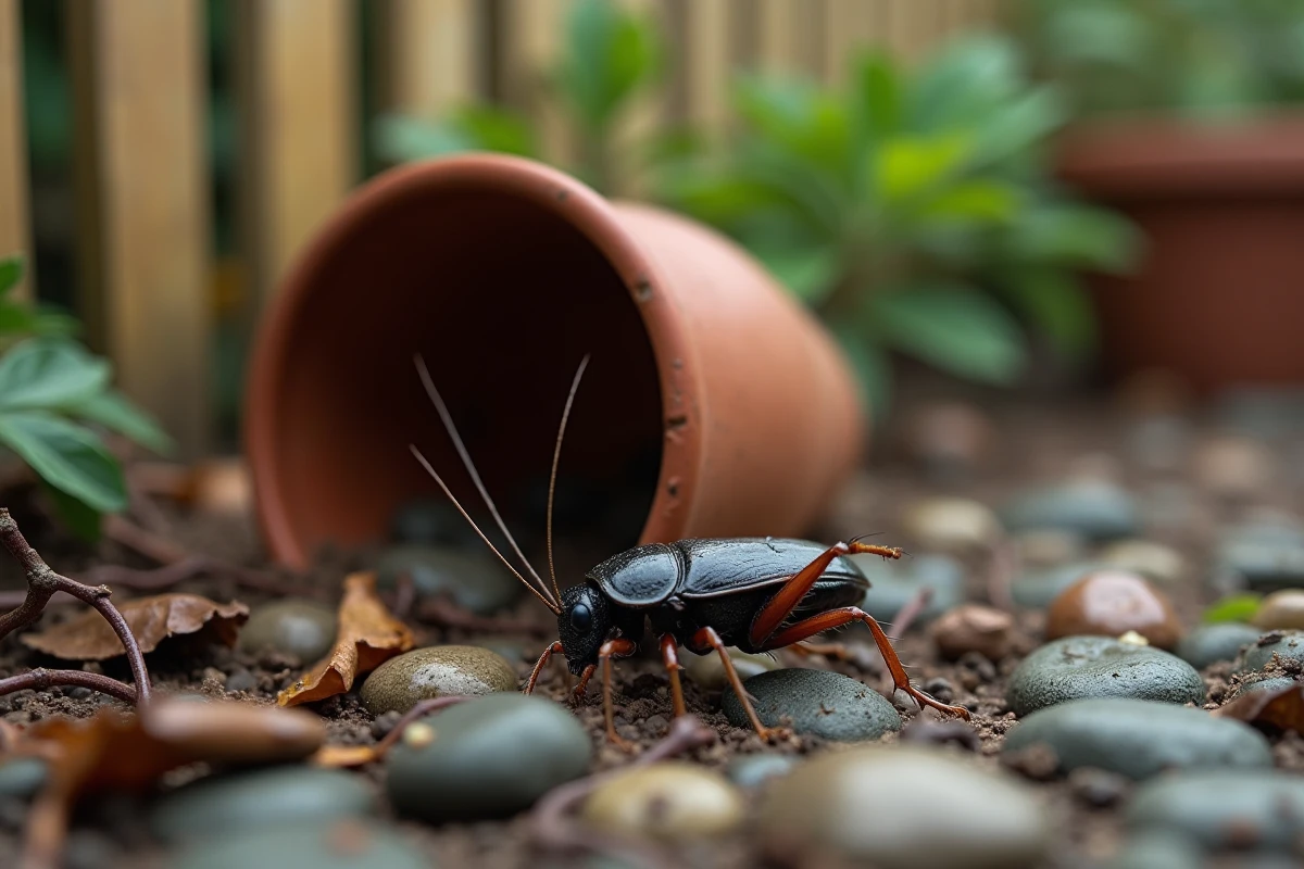 Cafard de jardin noir caché sous un pot en terre cuite dans un jardin humide
