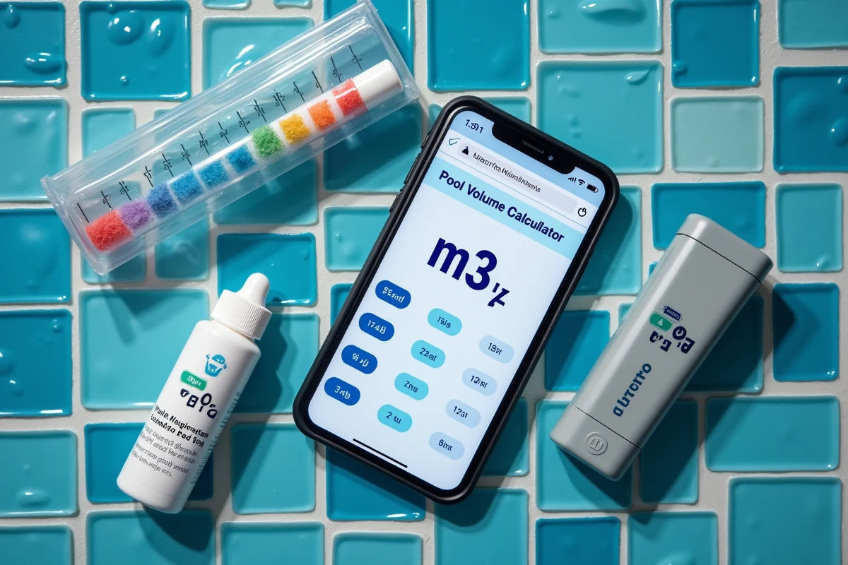 Vue aérienne d'un smartphone affichant un calculateur m3 de piscine avec kit de test chimique sur carrelage de piscine