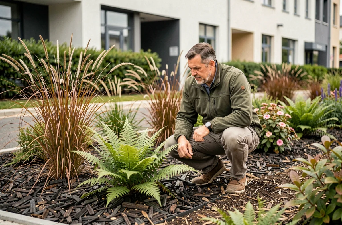 Spécialiste de CFM Le Ruban Vert inspectant une plantation végétale mixte dans un espace vert commercial à Saint-Étienne