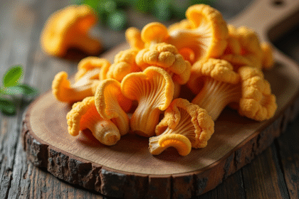 Champignons girolle frais sur planche en bois rustique