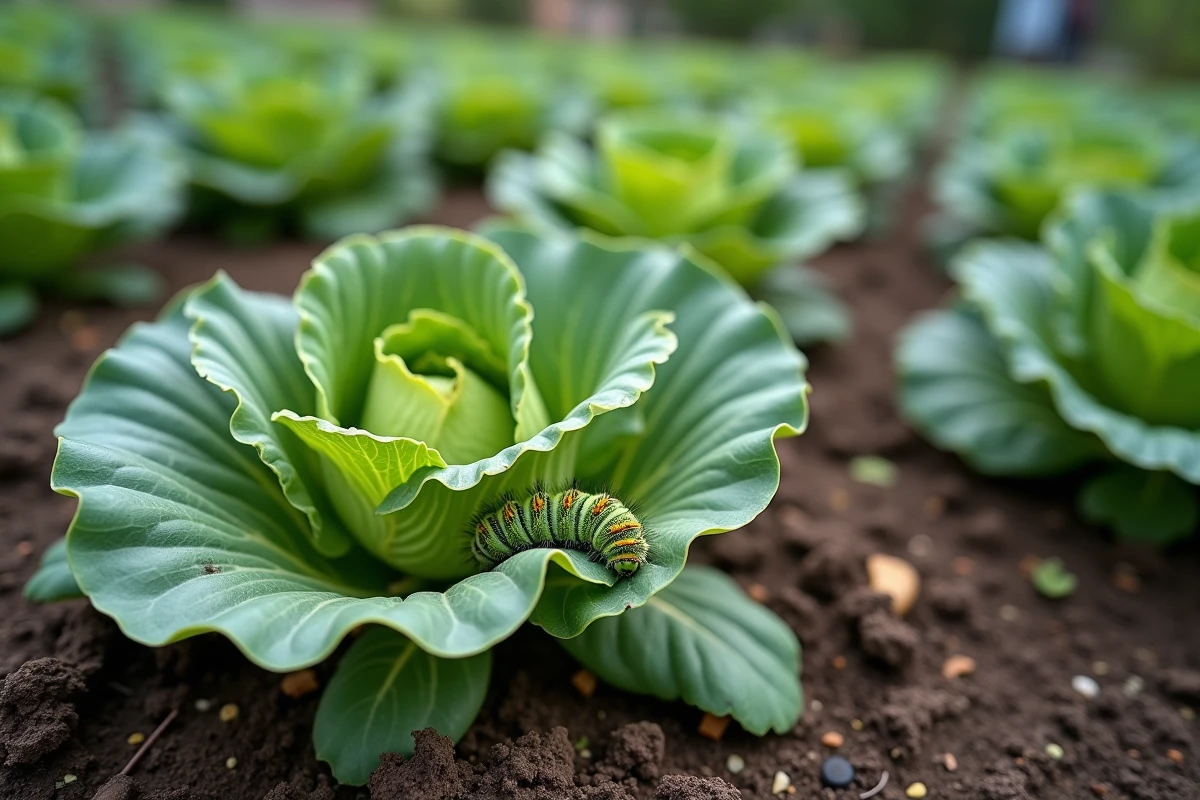 Chenilles vertes et dégâts sur des feuilles de chou dans un potager