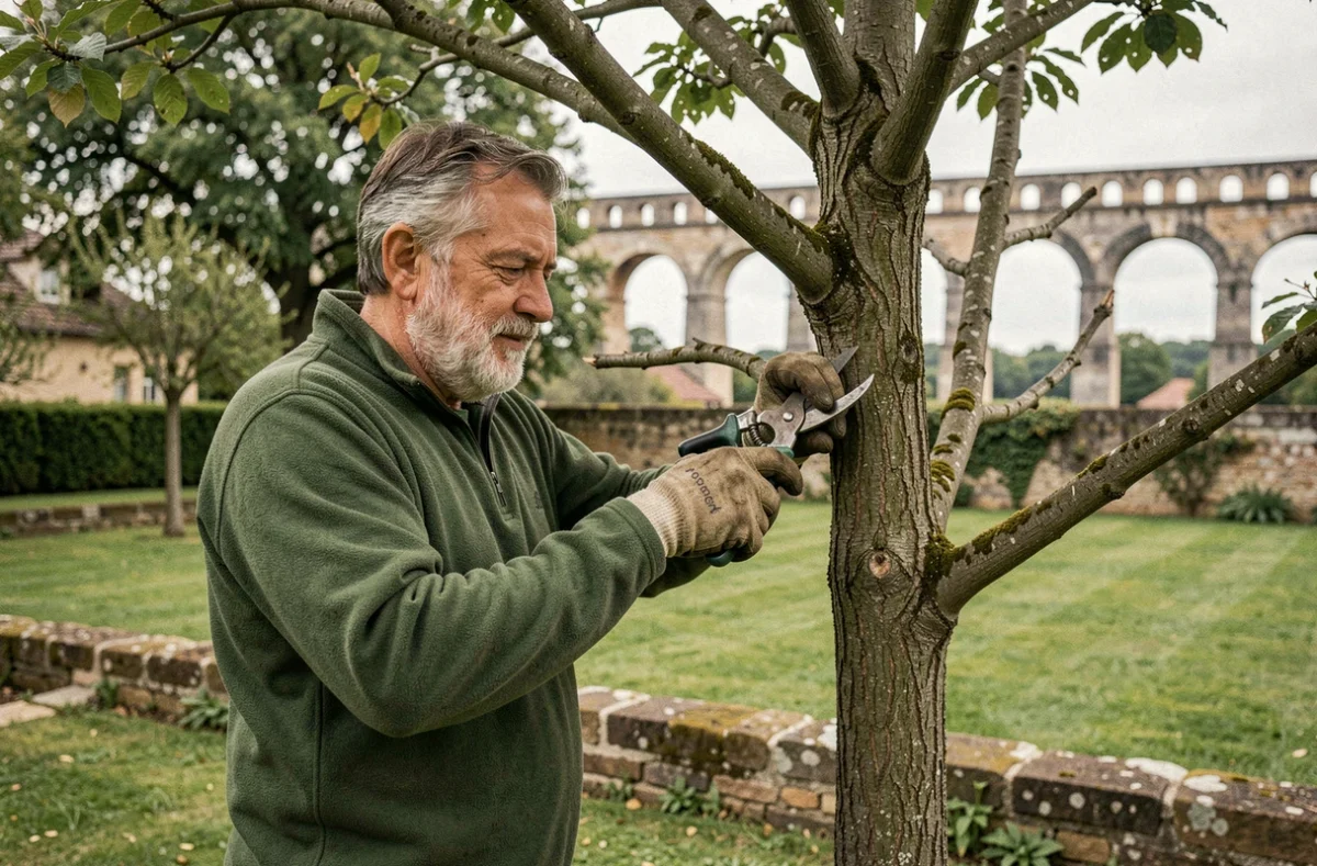 Paysagiste de Christophe Créations à Jouy-aux-Arches taillant un arbre ornemental avec l'aqueduc romain en arrière-plan