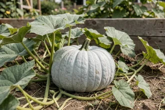 Citrouille Bleu de Hongrie posée dans un potager avec ses feuilles vertes et ses tiges rampantes, sol sec visible autour du fruit