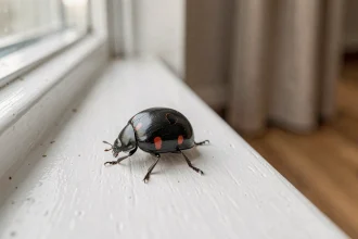 Coccinelle noire à points rouges posée sur un rebord de fenêtre intérieur en bois peint blanc