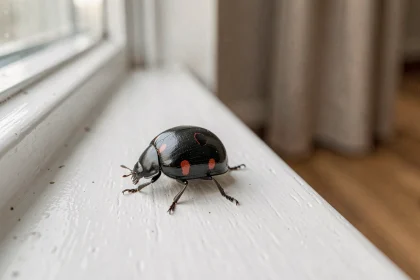 Coccinelle noire à points rouges posée sur un rebord de fenêtre intérieur en bois peint blanc