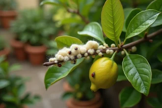 Gros plan sur des cochenilles farineuses sur une branche de citronnier avec des coccinelles auxiliaires naturels en arrière-plan