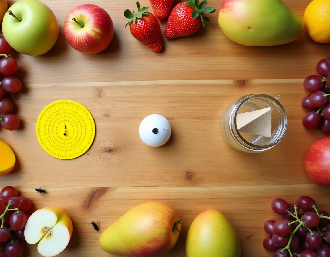 Vue aérienne de différents types d'attrape moucherons comparés sur un comptoir en bois entouré de fruits frais