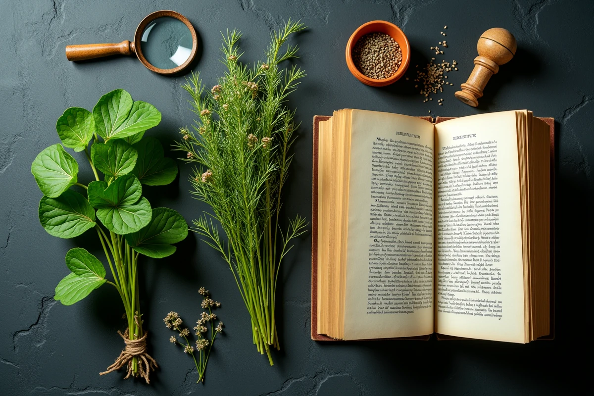 Nature morte comparant Peucedanum graveolens et Anethum graveolens avec loupe vintage, livre botanique et graines séchées sur ardoise
