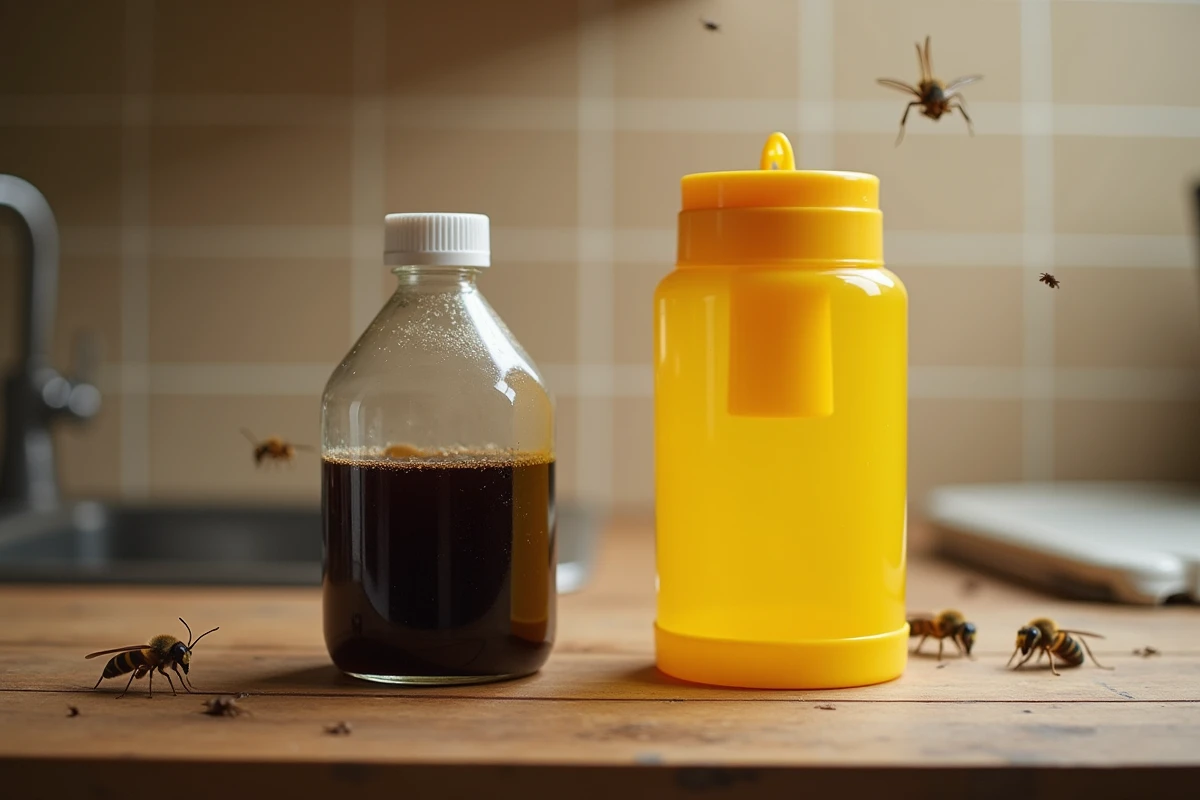 Comparaison côte à côte d'un piège à frelon fait maison et d'un modèle commercial sur un plan de travail en bois