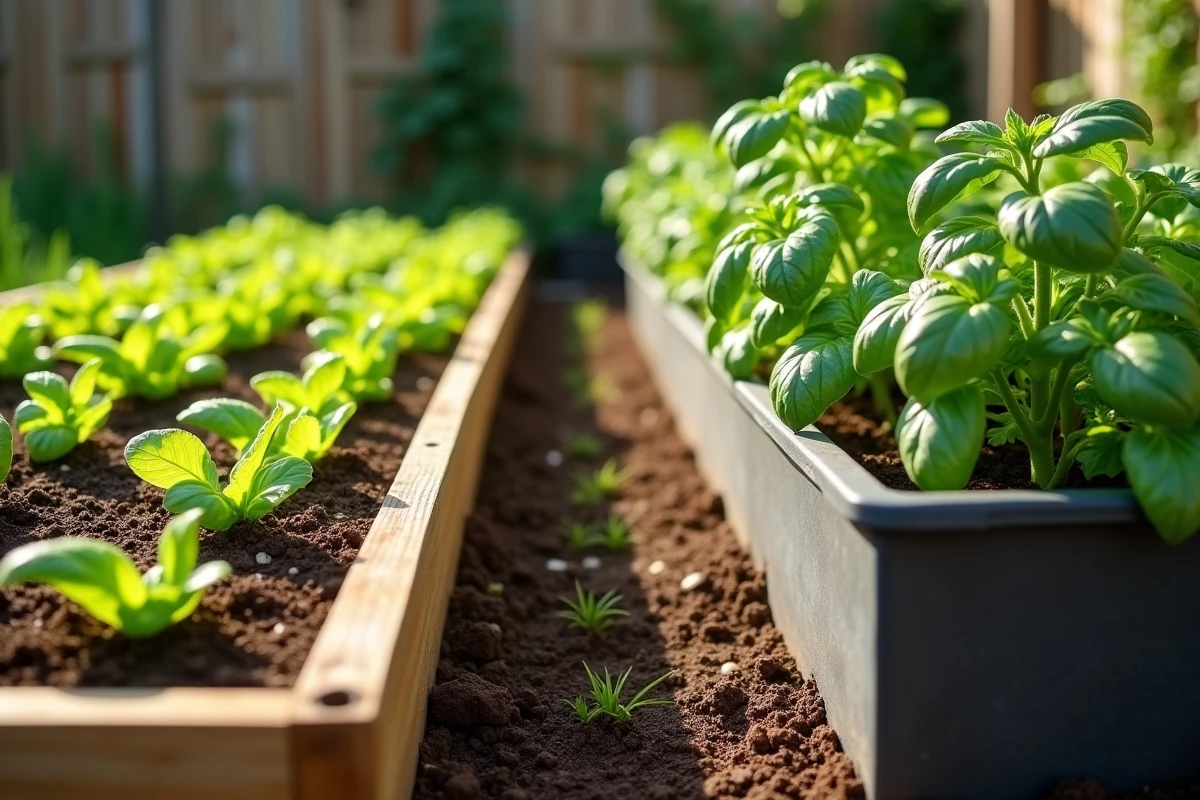 Comparaison côte à côte d'un potager en carré en bois et d'un bac classique en résine avec plants de tomates et herbes aromatiques
