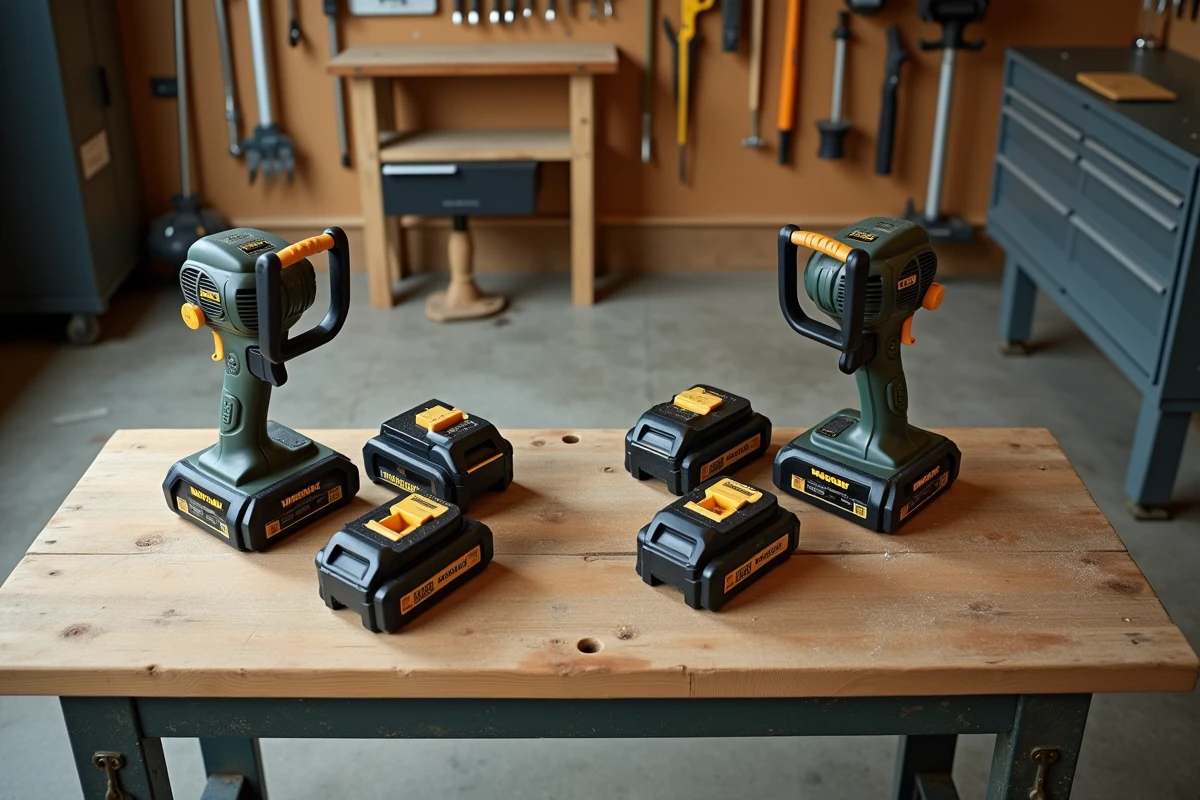 Comparaison de deux rotofils à batterie posés sur un établi de garage avec batteries détachées