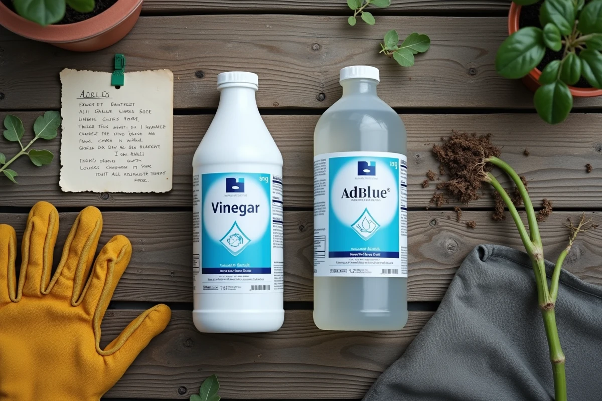Comparaison entre vinaigre blanc et AdBlue posés sur une table de jardin pour le désherbage naturel