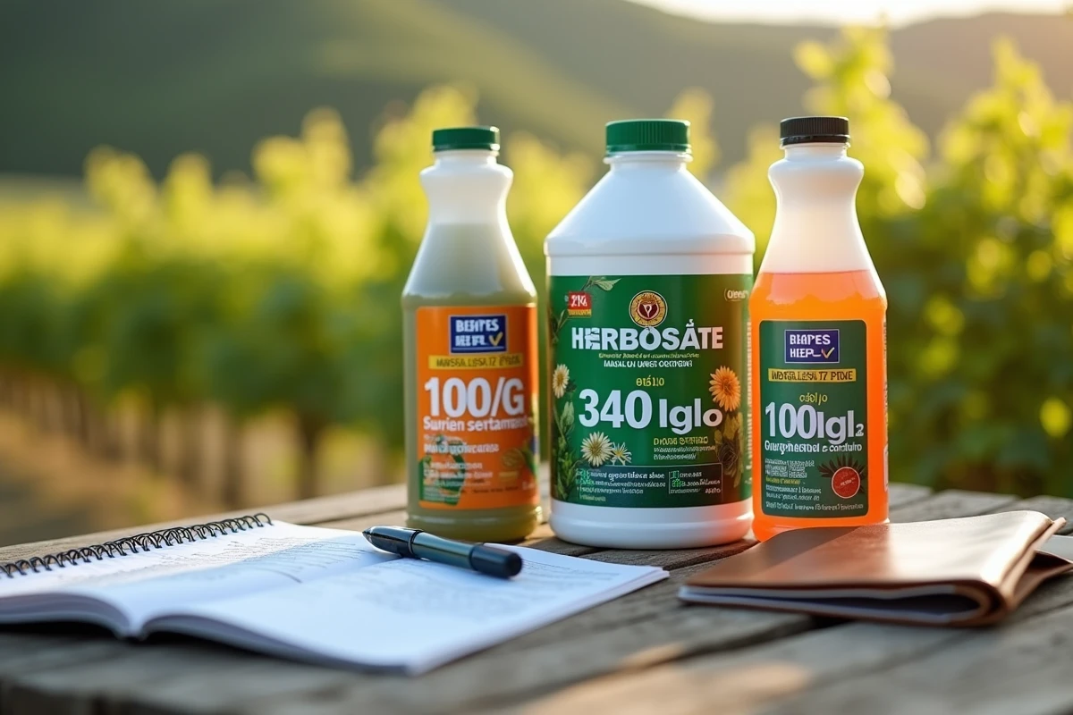Comparatif de bouteilles de glyphosate 360 de différentes marques disponibles au Portugal avec tableau de tarifs 2026