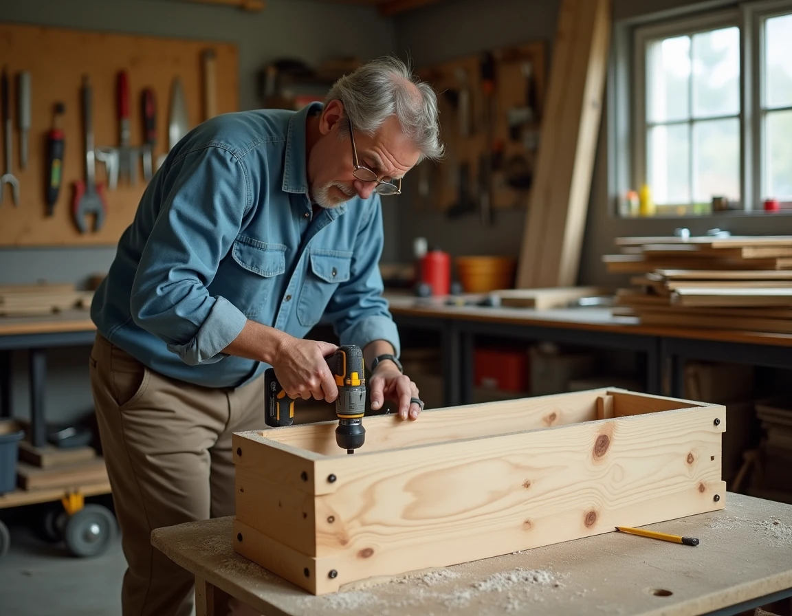 Homme assemblant une jardinière en bois dans un atelier de bricolage avec perceuse et planches en pin